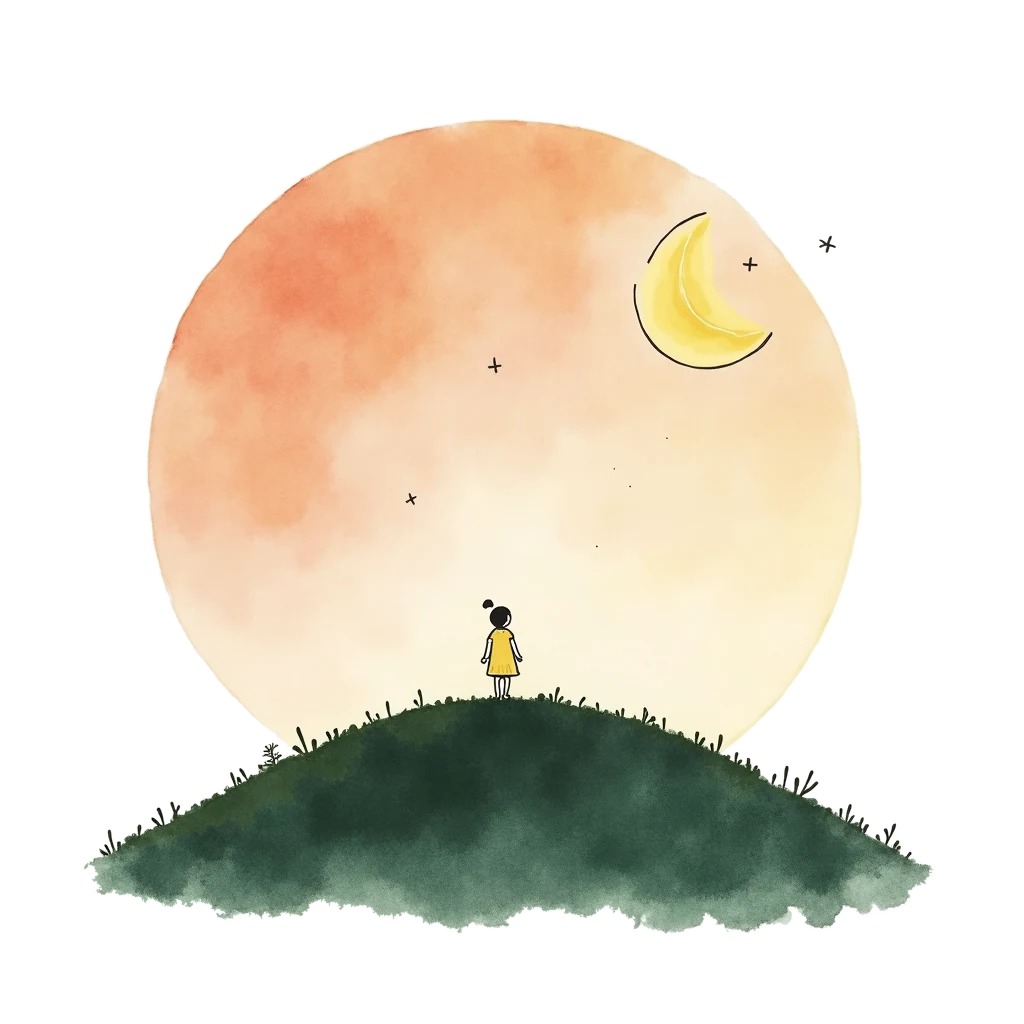 Picture story for the kanji 夕, meaning evening