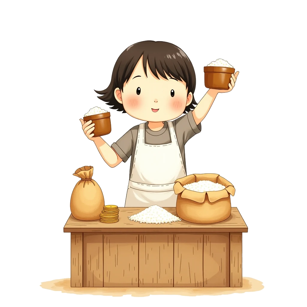 Picture story for the kanji 料, meaning fee