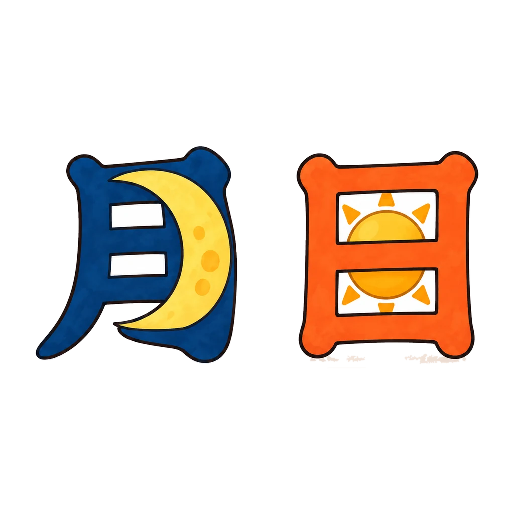 Picture story for the kanji 月, meaning month