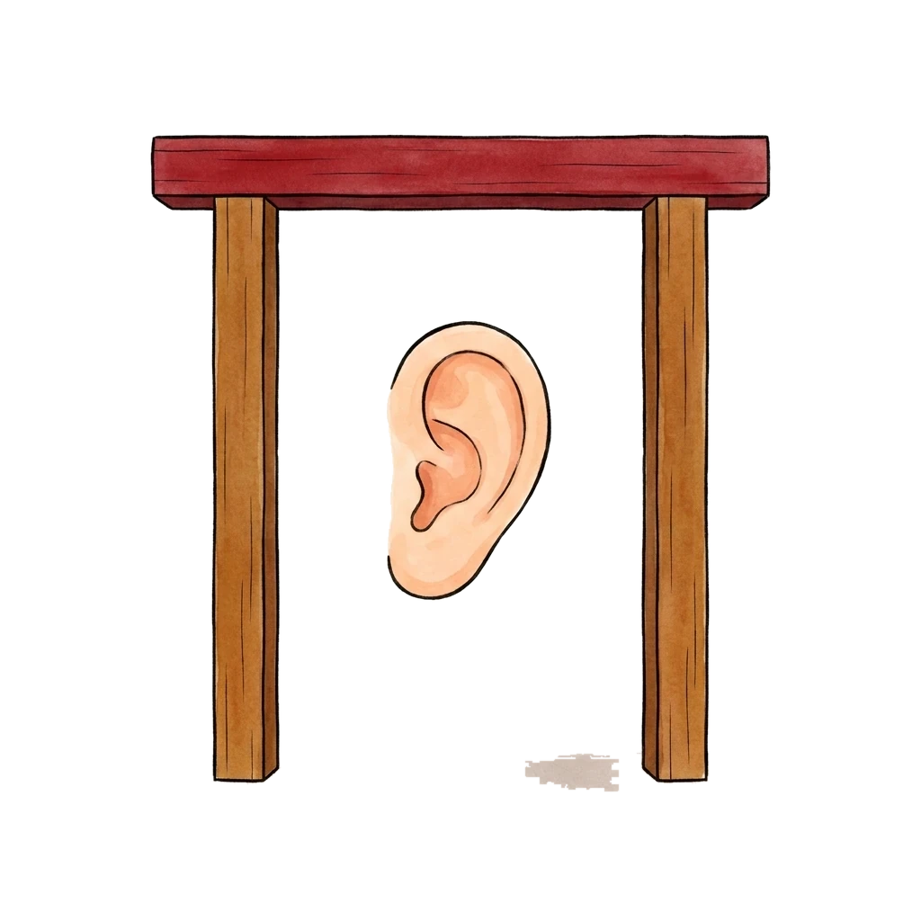 Picture story for the kanji 聞, meaning hear