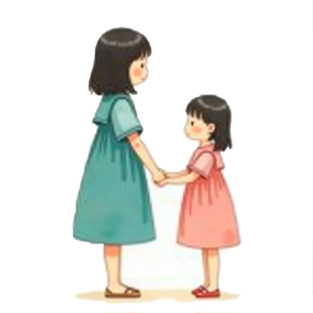Picture story for the kanji 妹, meaning younger sister
