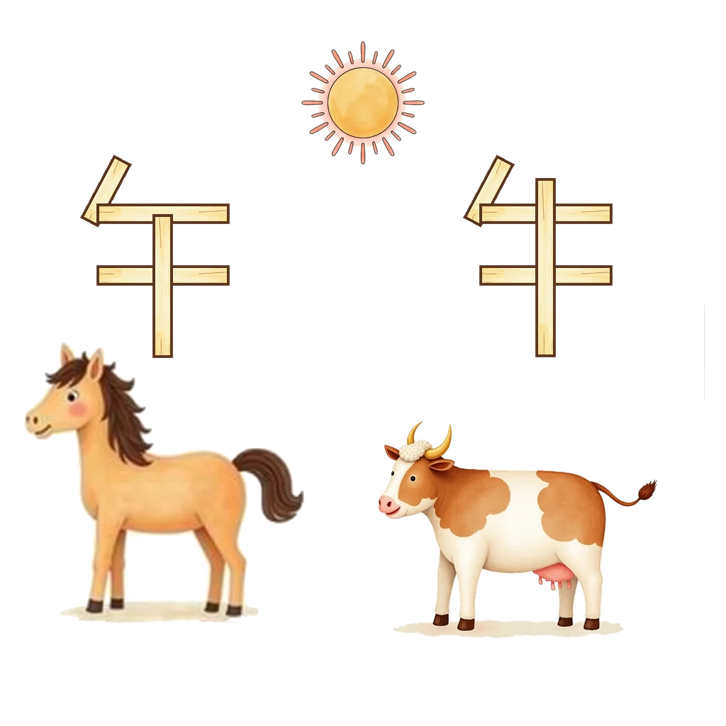 Picture story for the kanji 午, meaning noon