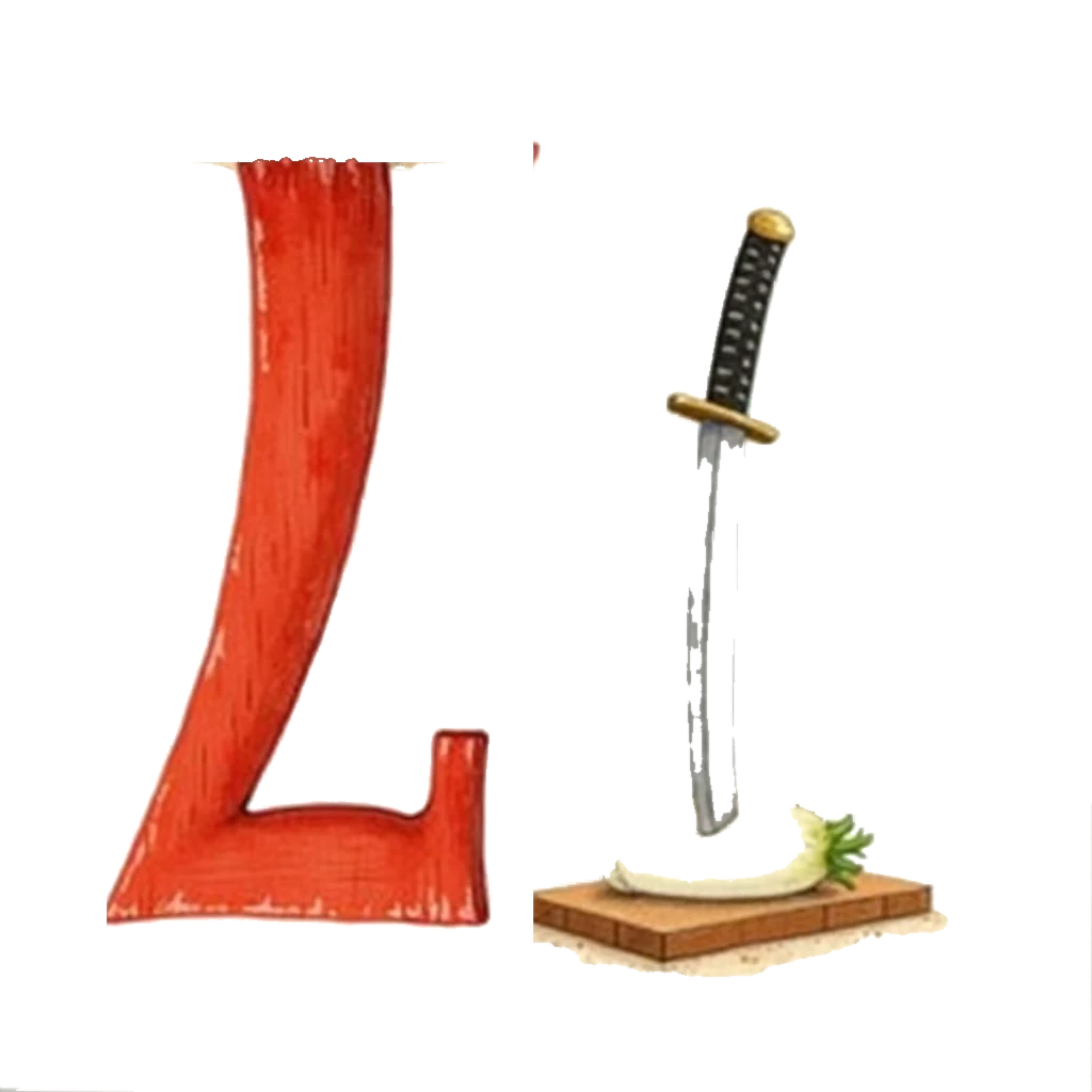 Picture story for the kanji 切, meaning cut