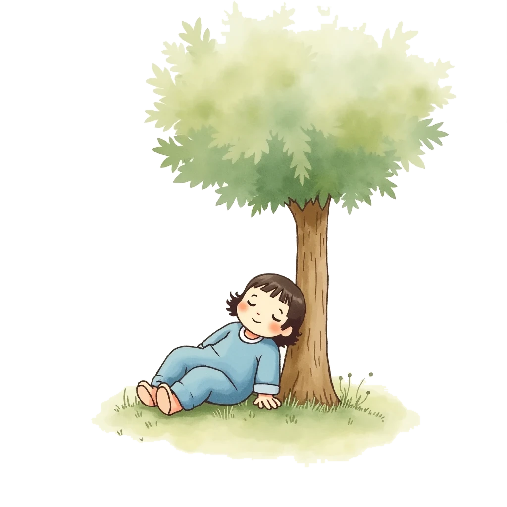 A child resting with eyes closed, leaning against a tree
